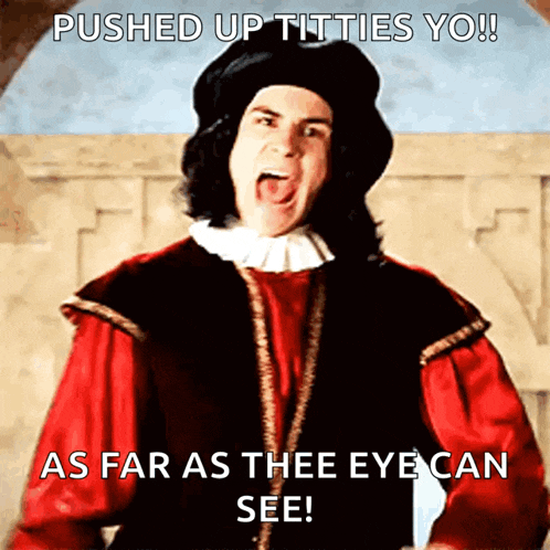 a man in a red and black costume says " pushed up titties yo "