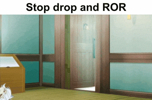 a picture of a room with the words " stop drop and ror " above it