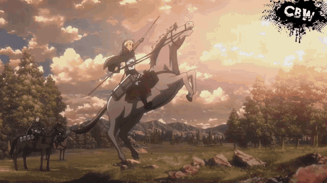 a woman is riding a horse with a spear in her hand