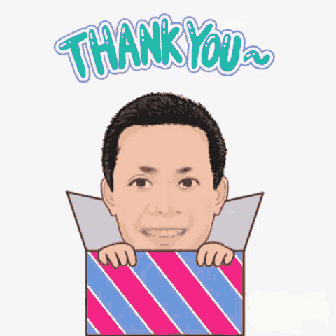 a cartoon of a man peeking out of a gift box with the words thank you above him