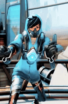 a video game character wearing a gas mask and a blue hoodie