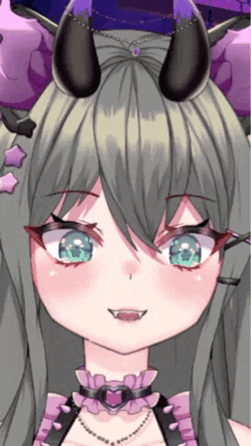a close up of a girl 's face with horns and a choker