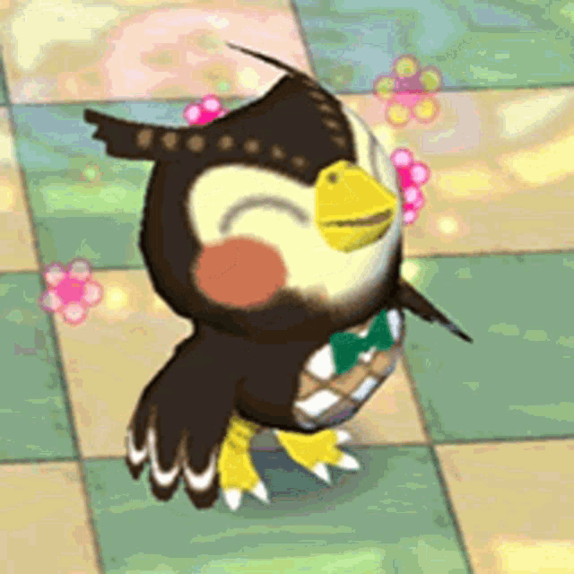 a cartoon bird is standing on a checkered floor with flowers in the background .