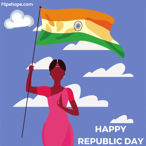 a woman in a pink dress is holding a flag with the words happy republic day on the bottom