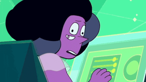 a purple cartoon character is looking at a green screen