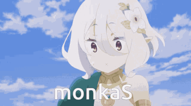 a picture of a girl with a flower in her hair and the word monkas below her