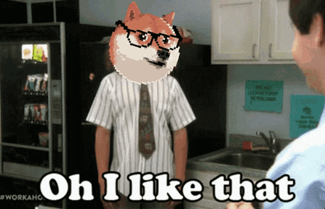 a doge wearing glasses and a tie says " oh i like that "