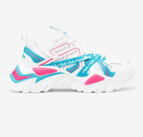 a pair of white pink and blue fila sneakers