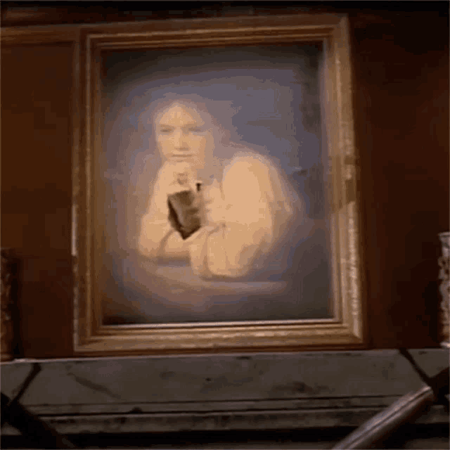 a framed painting of a woman sitting on a table with her hand on her chin
