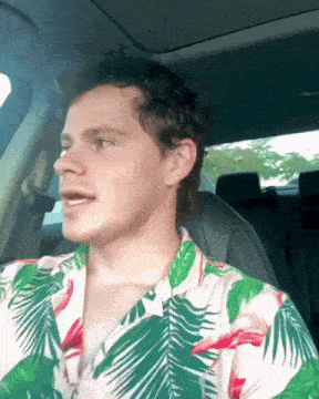 a man wearing a flamingo shirt is sitting in the driver 's seat of a car