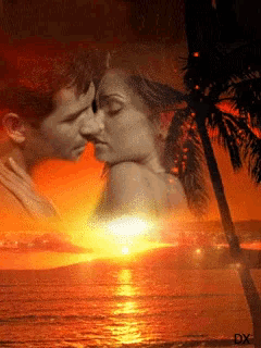 a painting of a man and woman kissing on a beach with the letters dx on the bottom