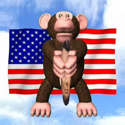 a cartoon monkey is holding a feather in front of an american flag