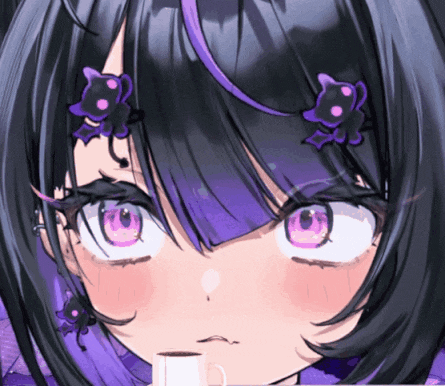 a close up of a girl 's face with purple hair and pink eyes
