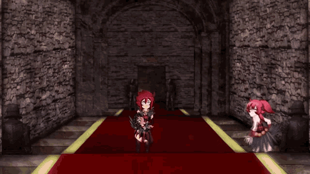 a girl with red hair stands on a red carpet