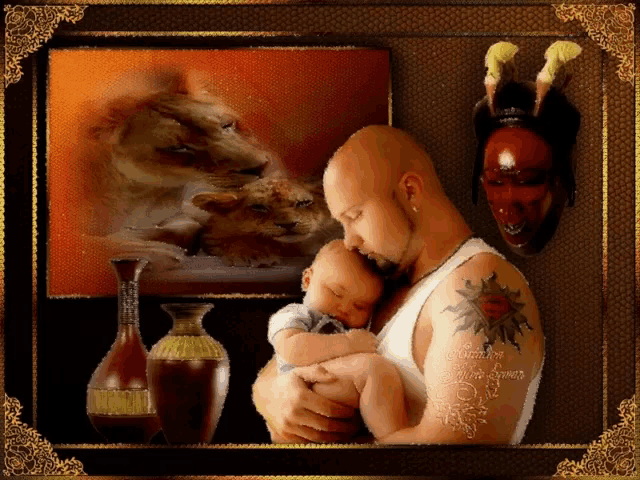 a picture of a man holding a baby with a picture of a lion behind him