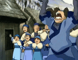 a group of cartoon characters are standing in front of a building and one of them is screaming