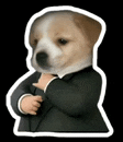 a sticker of a puppy wearing a tuxedo and a tie .