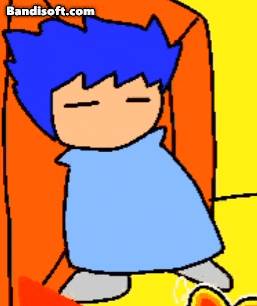 a cartoon of a boy with blue hair and the website bandisoft.com in the lower right corner