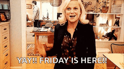 a woman is standing in a living room with the words `` yay ! friday is here '' .