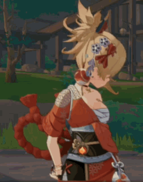 a cartoon character with a ponytail and flowers on her hair