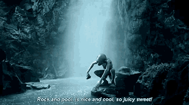 a waterfall with the words rock and pool is nice and cool so juicy sweet below it