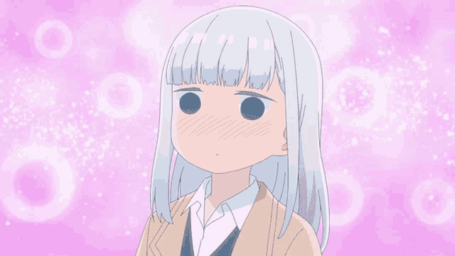 a girl with white hair and blue eyes is making a face