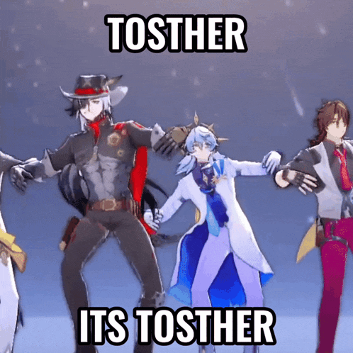 a group of anime characters are dancing together with the words tosther its tosther