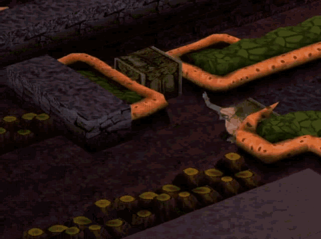 a close up of a video game scene with a purple and green background