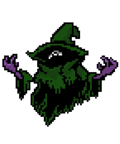 a pixel art illustration of a ghost with a green hat and purple claws .
