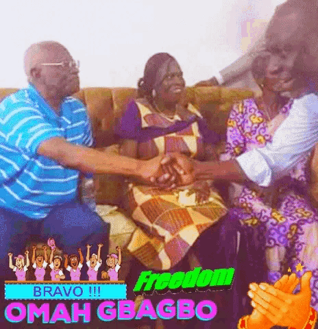 a group of people are sitting on a couch with the words omah gbagbo on the top