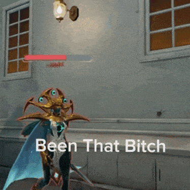 a video game character says been that bitch in front of a window
