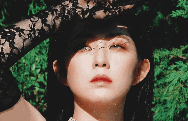a close up of a woman 's face with a veil on