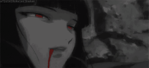 a black and white image of a girl with red eyes and blood coming out of her nose .