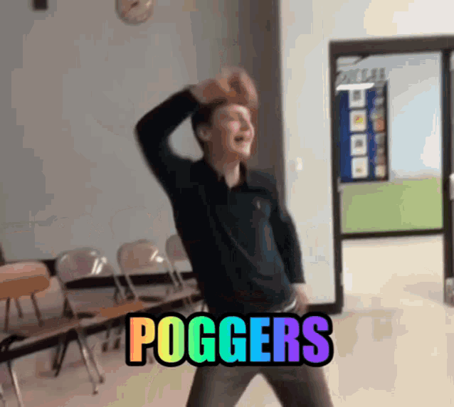 a man is dancing in a hallway with the word poggers written on the floor