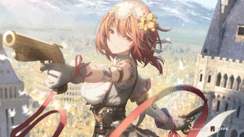 a girl is holding a gun in front of a castle and a city