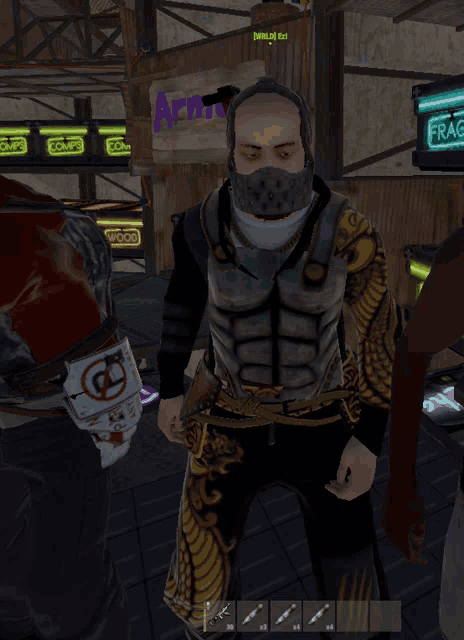 a man wearing a mask is standing in front of a sign that says fragr