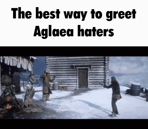 the best way to greet aglaea haters is by standing in front of a log cabin in the snow
