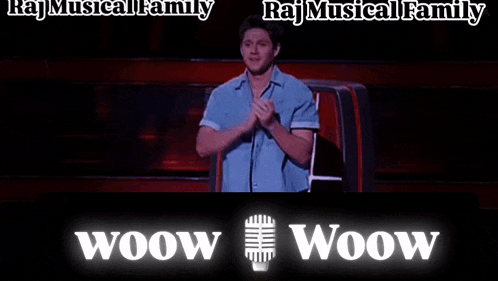 a man stands in front of a microphone with the words woow woow written below him