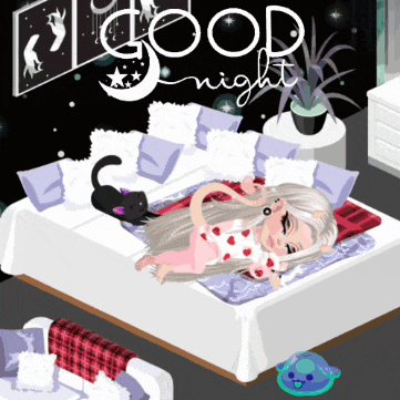 a cartoon girl is laying on a bed with a cat and the words good night written on the wall behind her