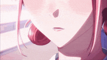 a close up of a girl with pink hair