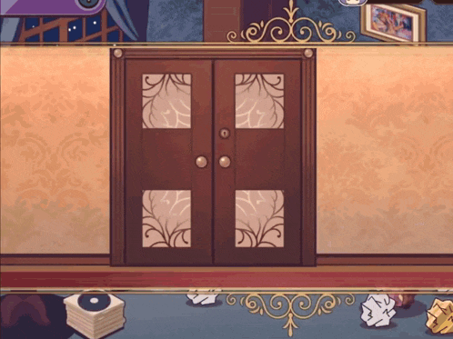a cartoon drawing of a room with a door and a stack of papers on the floor