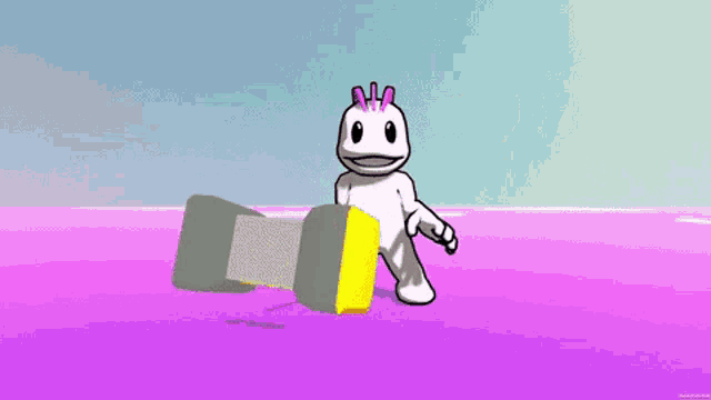 a cartoon character is standing next to a yellow box on a purple background .