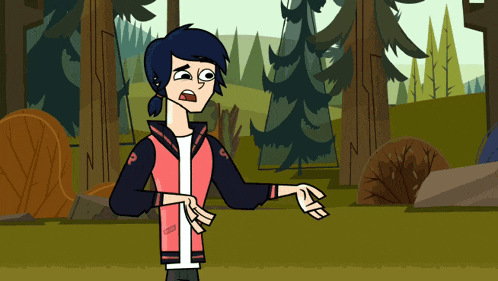 a cartoon character is standing in a forest with trees and rocks