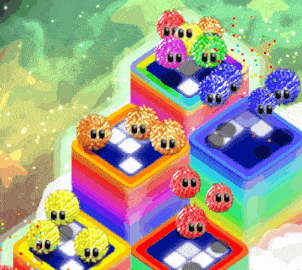 a bunch of colorful squares with balls on top