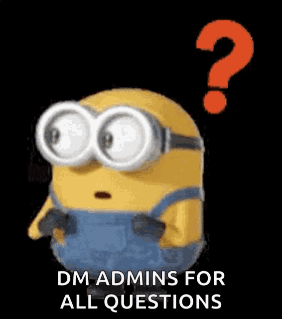 a picture of a minion with a question mark behind him that says dm admins for all questions