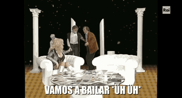 a cartoon of a woman sitting on a couch with the words " vamos a bailar uh uh " on the bottom