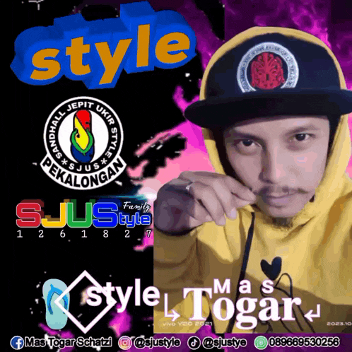 a man wearing a yellow hoodie and a black hat stands in front of a sign that says style