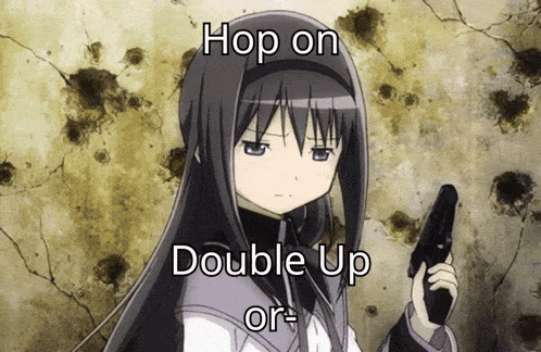 a girl holding a gun with the words hop on double up or written below her