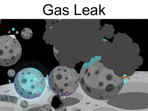 a cartoon drawing of a gas leak with a bunch of planets
