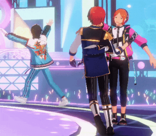 a group of anime characters are standing on a stage and one of them is wearing a blue jacket with a dragon on it